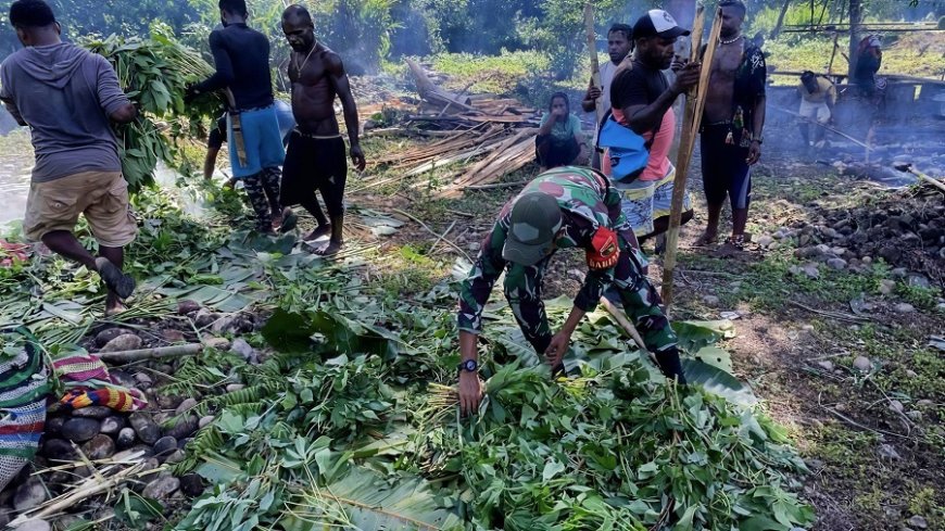 Harmoni Natal, Babinsa Airu Hadiri Tradisi Bakar Batu Perayaan Natal Suku Lani dan Wati