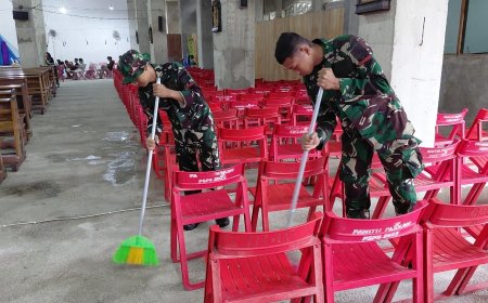 Jelang Hari Paskah Prajurit Yonif TP 810/BEM Gelar Karya Bhakti di Gereja Paroki Sang Penebus