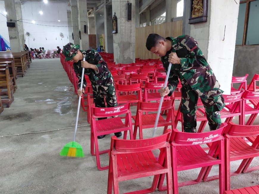 Jelang Hari Paskah Prajurit Yonif TP 810/BEM Gelar Karya Bhakti di Gereja Paroki Sang Penebus