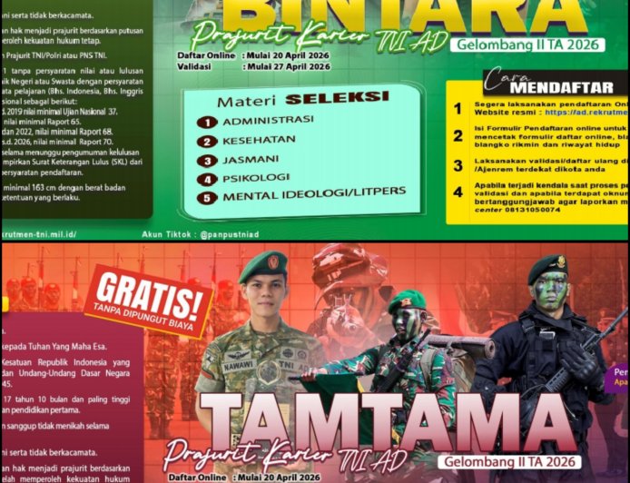 Resmi Dibuka! Pendaftaran Bintara dan Tamtama TNI AD 2026, Cek Syaratnya