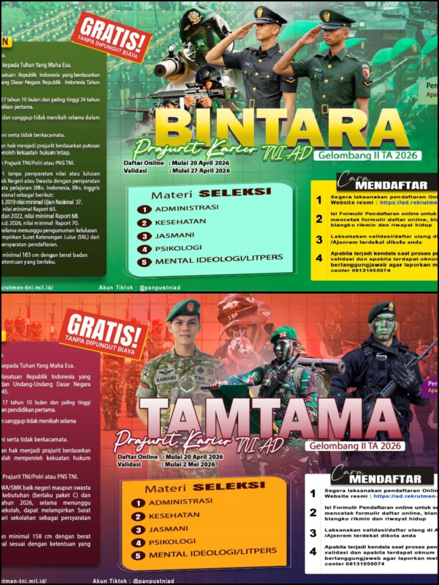 Resmi Dibuka! Pendaftaran Bintara dan Tamtama TNI AD 2026, Cek Syaratnya