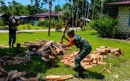 Pengabdian Tanpa Batas Babinsa Koramil Demta Turun Langsung Bantu Warga Belah Kayu Bakar