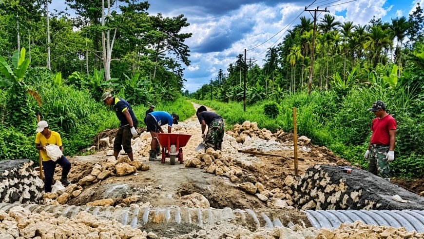 Pelan Tapi Pasti Babinsa Arso Kawal Pembangunan Jembatan Garuda Anak Kali Mur Progres Tembus 60 Persen
