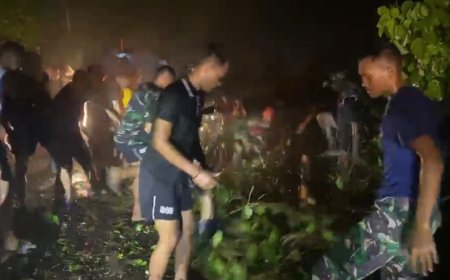Personel Yonif TP 809/NTM Berjibaku di Malam Hari, Evakuasi Pohon Tumbang yang Tutupi Jalan di Desa Wapoania