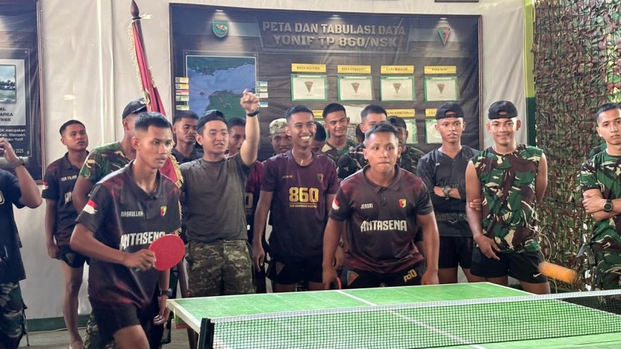 Semarak HUT Batalyon, Prajurit Yonif TP 860/NSK Adu Ketangkasan di Meja Tenis